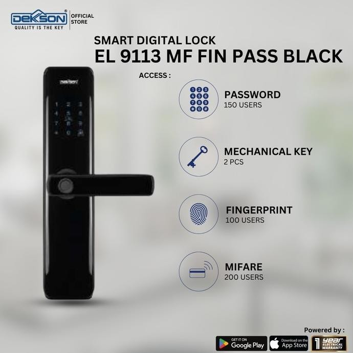 SMART DIGITAL LOCK DEKKSON EL 9113 MF FIN PASS BLACK GAGANG PINTU