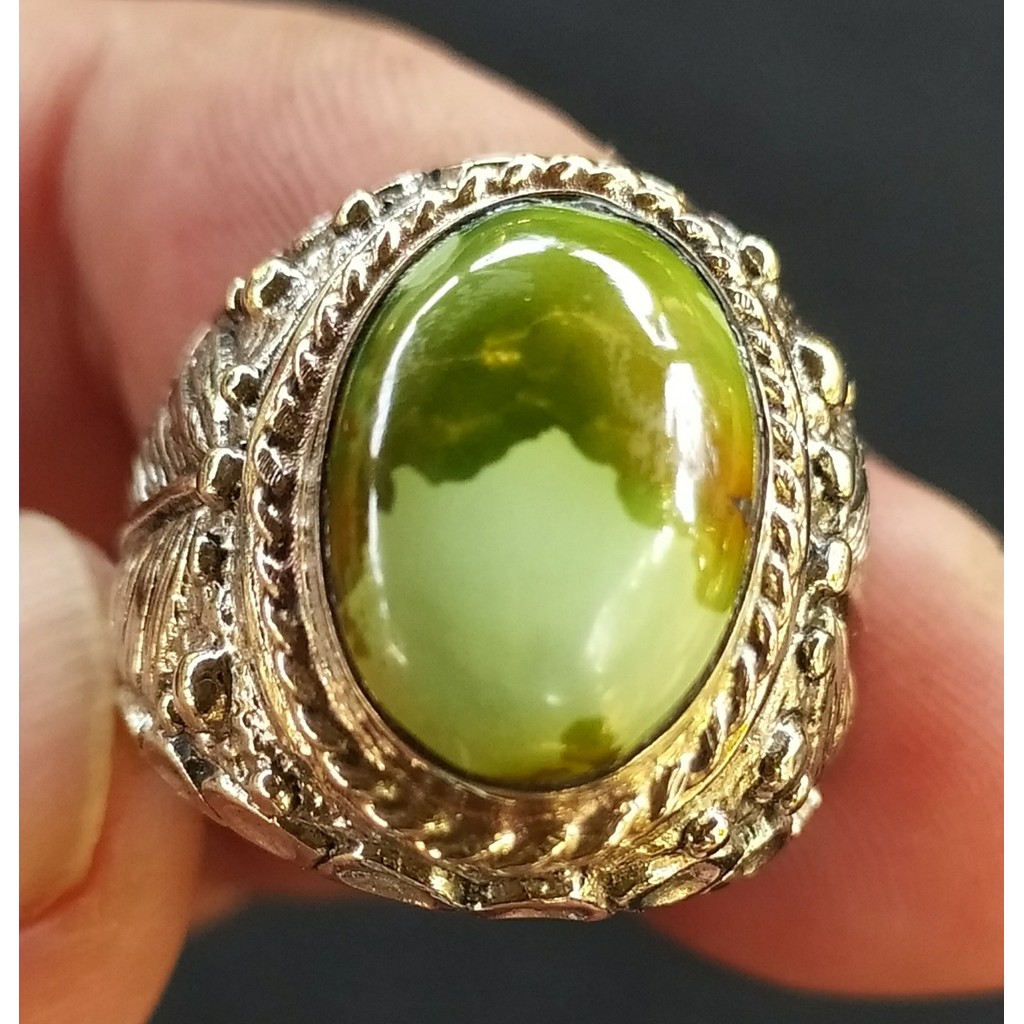 Natural Green Hubei Turquoise Tri Warna Motif Junjung Derajat  size Kantoran Elegan Ring Alpaka Super ukir Mewah