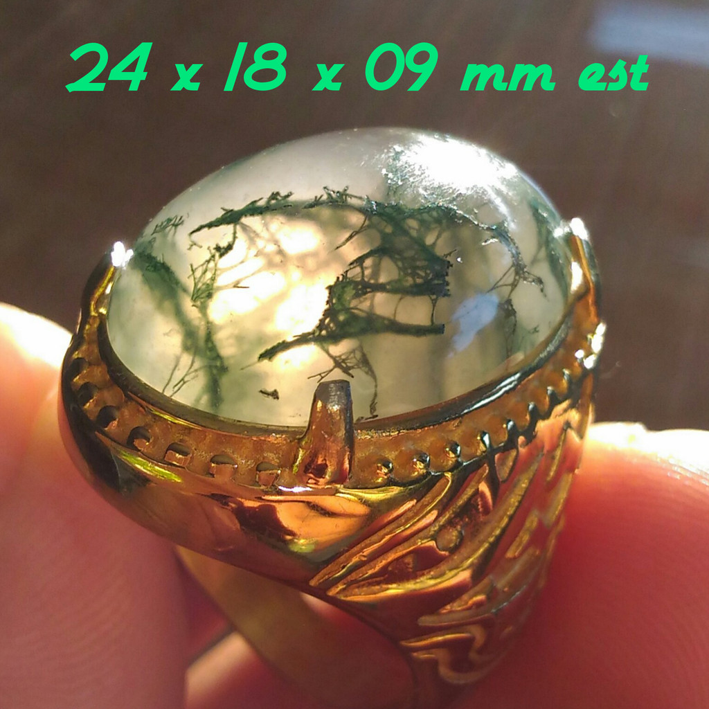 Natural Moss Agate Lumut Suliki Top Kristal Origin Andalas Ring Gold Platted Mewah