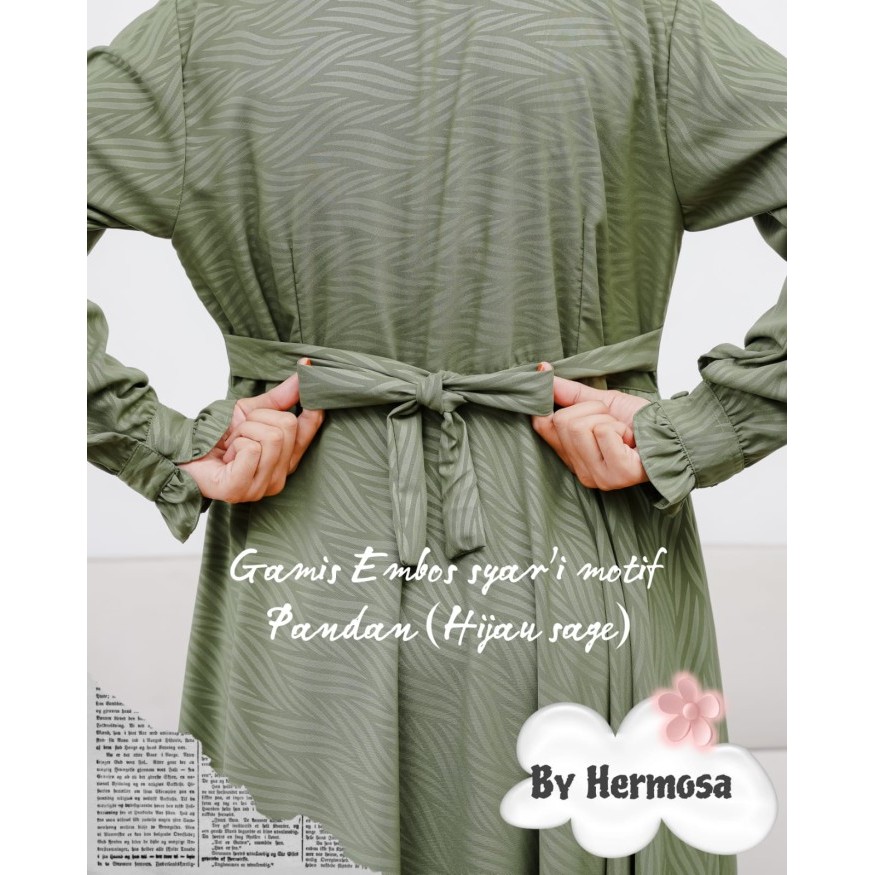 Gamis Sage Green Syari Wolfis Embos Motif Pandan-Gamis Hermosa Syari