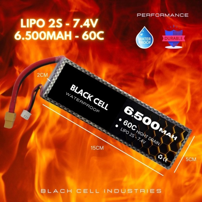 RC Lipo battery BLACK CELL 6500Mah 7.4V 2S 60C High Drain Waterproof