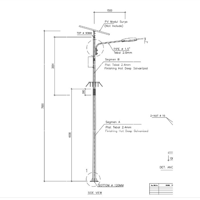 Tiang lampu pju solar cell oktagonal 7 meter single