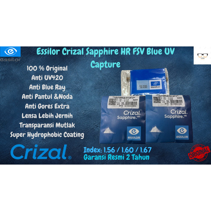 Lensa Essilor Crizal Sapphire HR FSV with Blue UV Capture