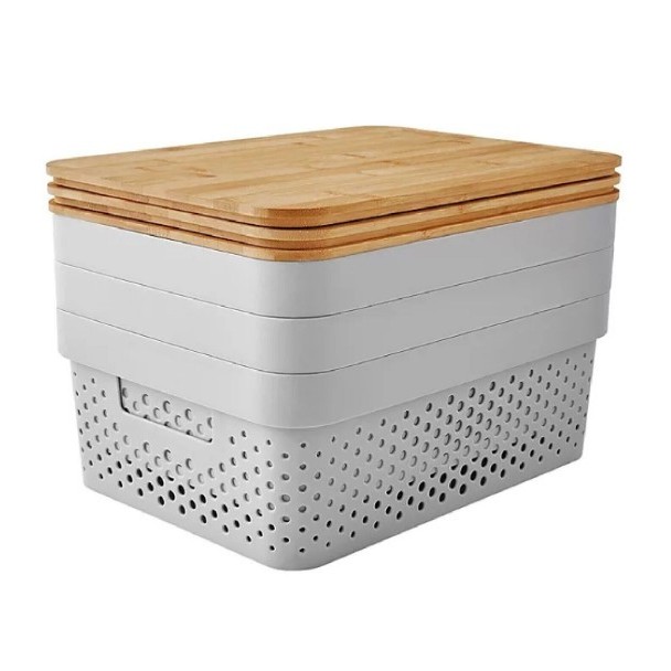Storage Box Organizer Multifungsi Putih Dengan Tutup Kayu