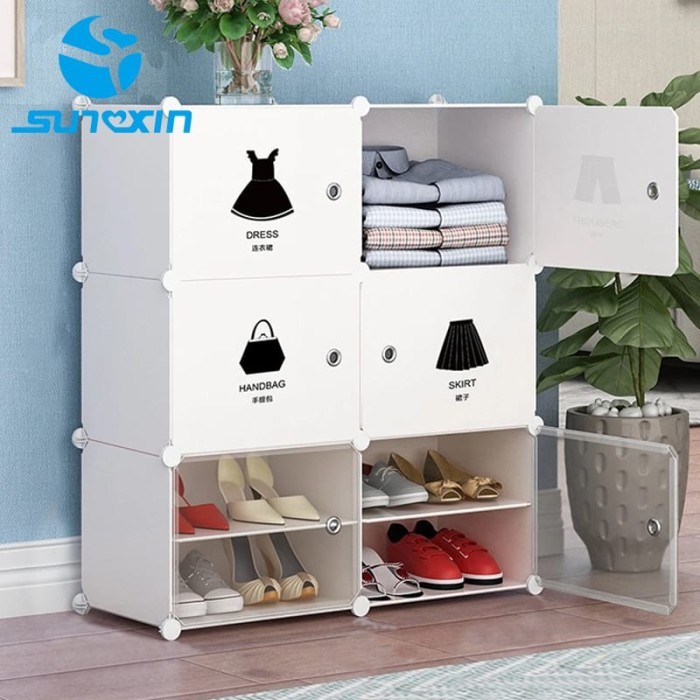 RAK SEPATU PLASTIK PORTABLE BONGKAR PASANG RAK SERBAGUNA SUSUN 4 PINTU