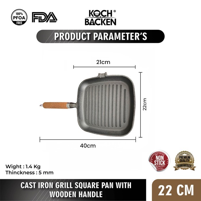 KOCH&BACKEN Cast Iron Grill Square Pan 22cm - Wajan Panggang