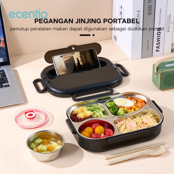 ecentio 1L Kotak Makan stainless 304 Tempat Makan Lunch Box 4/5 Sekat