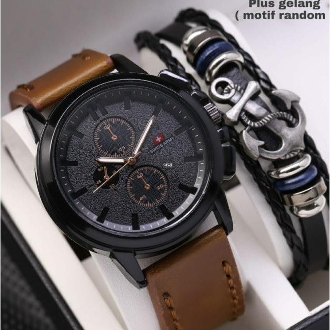 Jam tangan pria swiss army kulit plus gelang motif random Terlaris