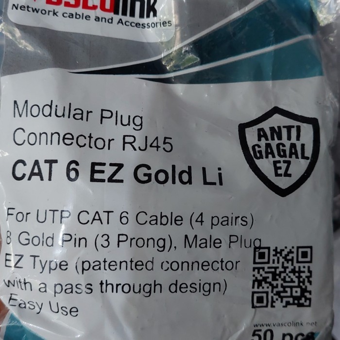 RJ45 VASCOLINK CAT6 ANTI GAGAL GOLD ISI 50 / KONEKTOR KABEL LAN