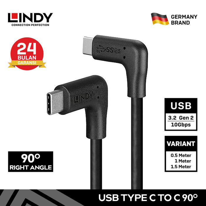 

SALE TERLARIS KABEL DATA LINDY USB 3.2 C TO C 2 X 90 DEGREE 10GBPS PD 2.0 60W RIGHT ANGLE CABLE
