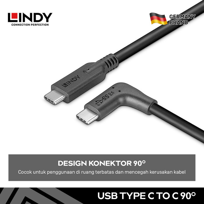 

SALE TERLARIS KABEL TYPE C LINDY USB 3.2 C TO C 90 DEGREE 10GBPS PD 2.0 60W RIGHT ANGLE CABLE READYY