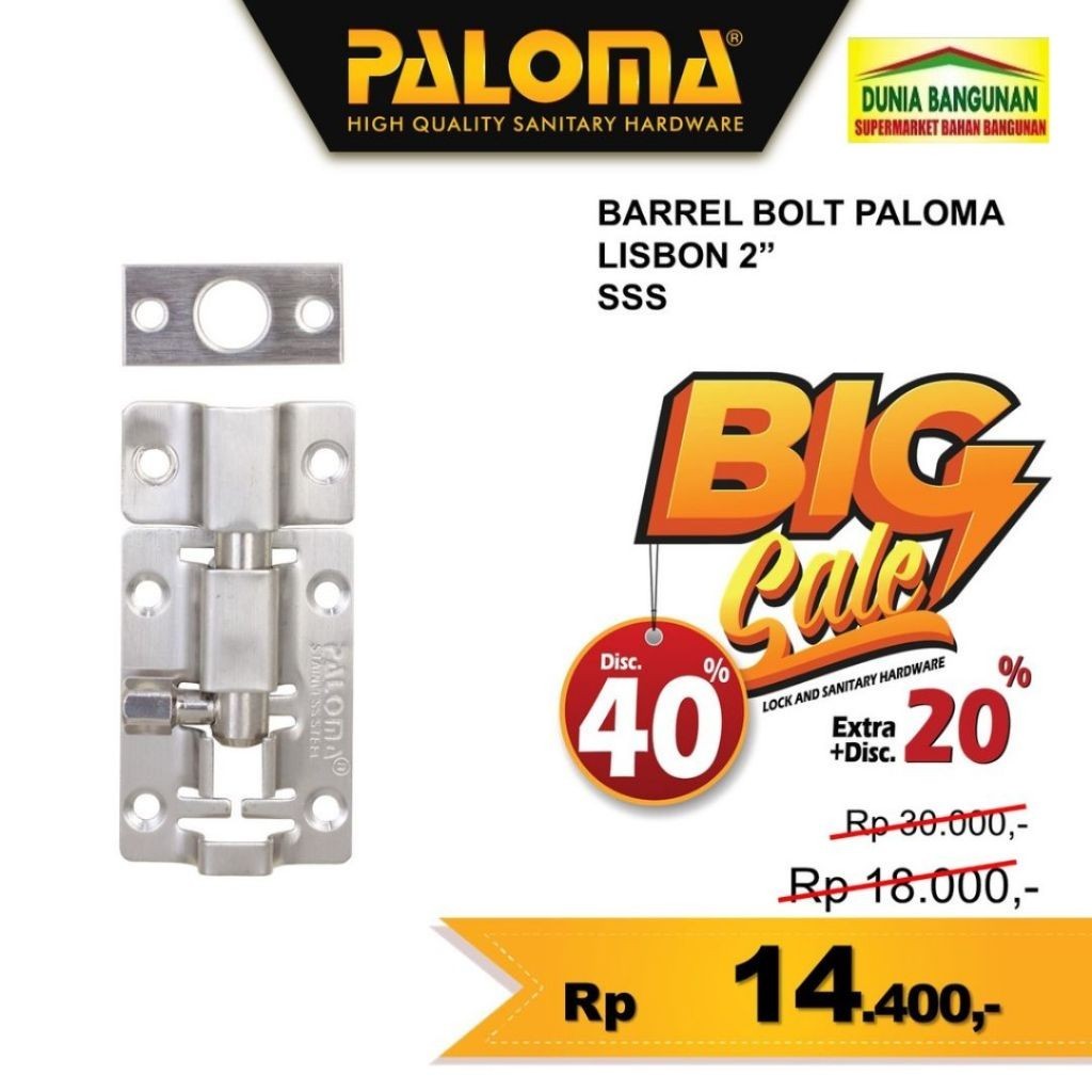 Grendel Stainless Barrel Bolt Paloma BBP 411 Lisbon 2" Sus 201 Santekan Kunci Selot Jendela & Pintu