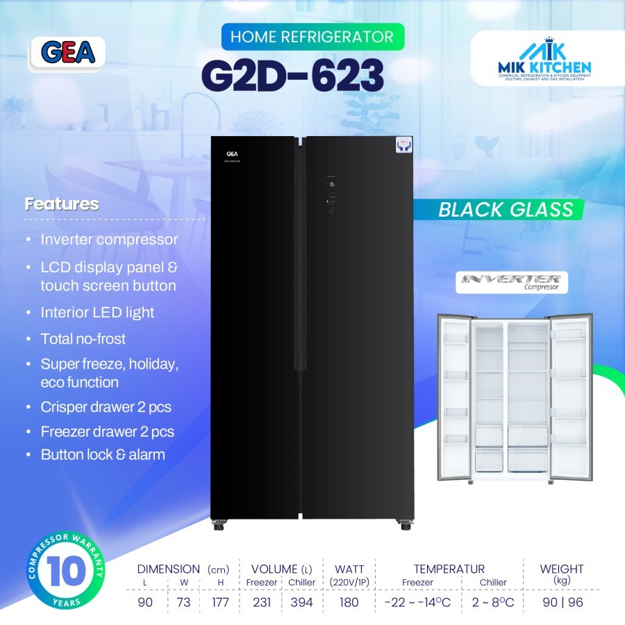 GEA Kulkas Rumah 2 Pintu BLACK GLASS G2D-623 / G2D 623 / G2D623
