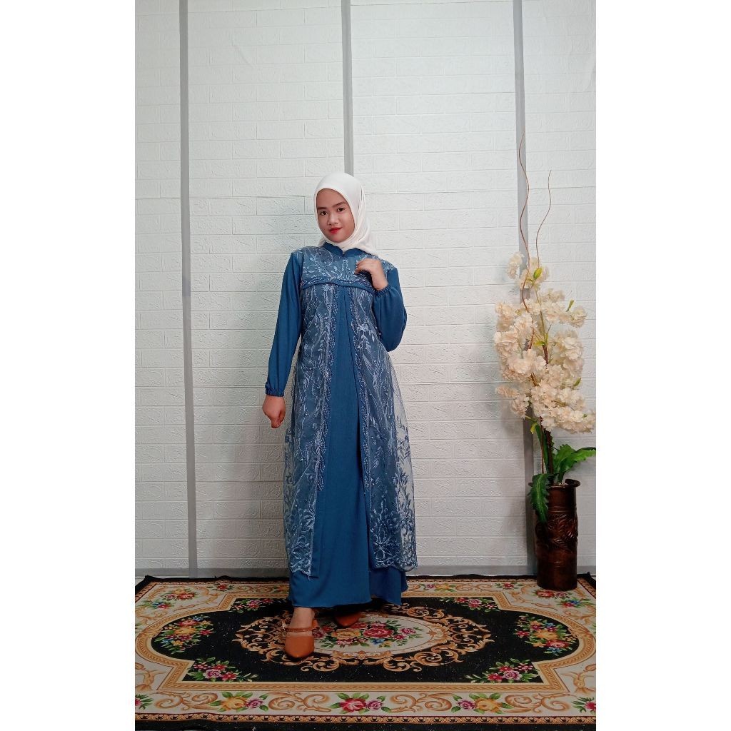 Gamis Lebaran Anak Perempuan Remaja KEKINIAN - Gamis Anak Brokat Tile Crinkle Mix Brocad Aksen Payet