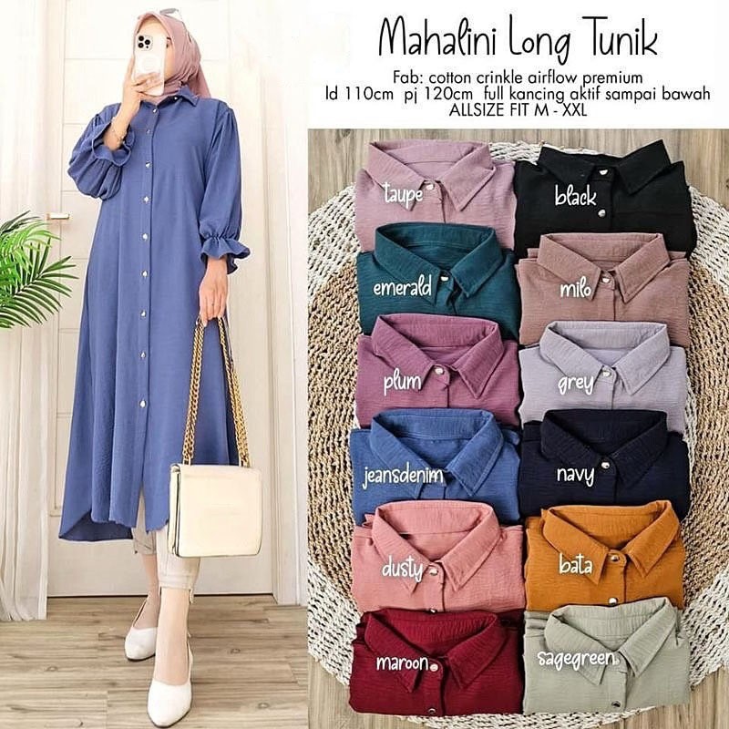Mahalini Long Tunik Wanita Bahan Crinkle
