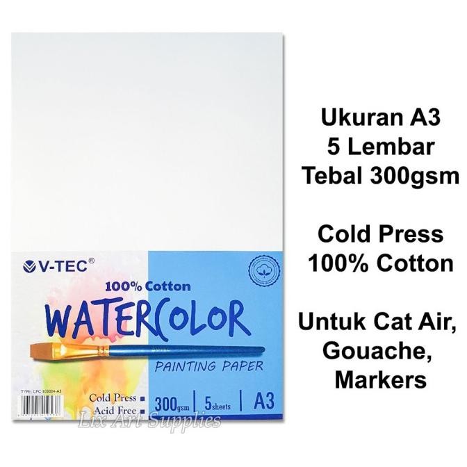

HOT PROMO V-TEC A3 Water Colour Paper 300gsm - 5 Sheets COTTON Cold Pressed