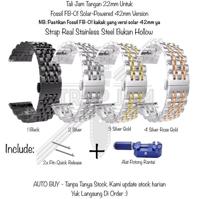BEBAS ONGKIR - QRD 22mm Strap Fossil FB-01 Solar-Powered 42mm Version - Tali Jam Tangan Stainless St