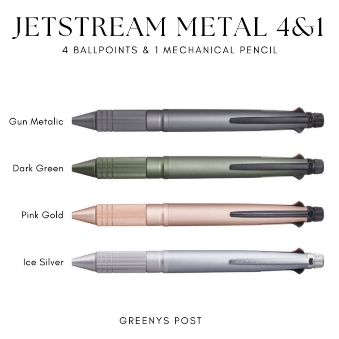 

Uni Mitsubishi Jetstream Metal Edition 4&1 Pen 0.5 mm (Tinta Ballpoint: Hitam, Biru, Merah, Hijau)