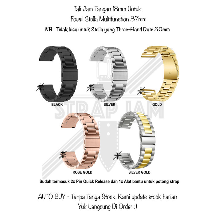 NEW QRS 18mm Strap Fossil Stella Multifunction 37mm - Tali Jam Stainless