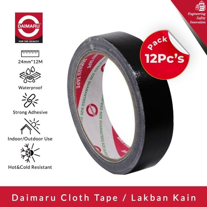 

[PAKET 12PCS] DAIMARU CLOTH TAPE LAKBAN KAIN HITAM 24 MM X 12 METER ASLI