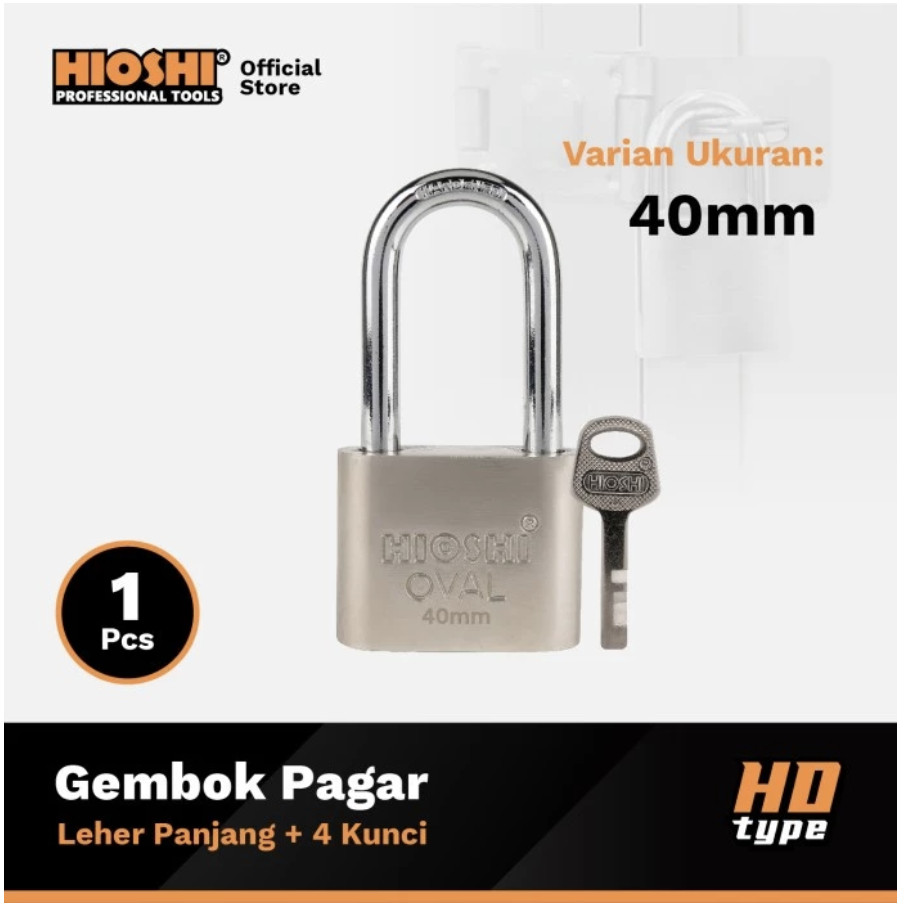 HIOSHI Gembok Oval Pagar Satin Leher Panjang (Kunci 4Pcs) 40mm Hd