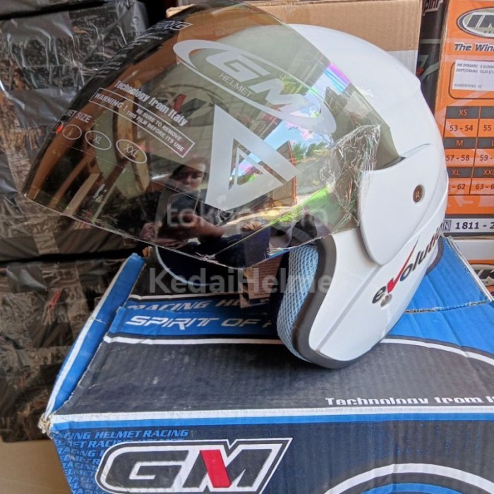 Helm Gm Evolution Solid Putih Metalik Kaca Pelangi Helm Original