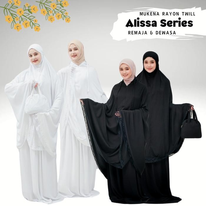 Mukena Umroh dan Haji Rayon Twill Polos Putih dan Polos Hitam Renda Alissa lembut premium