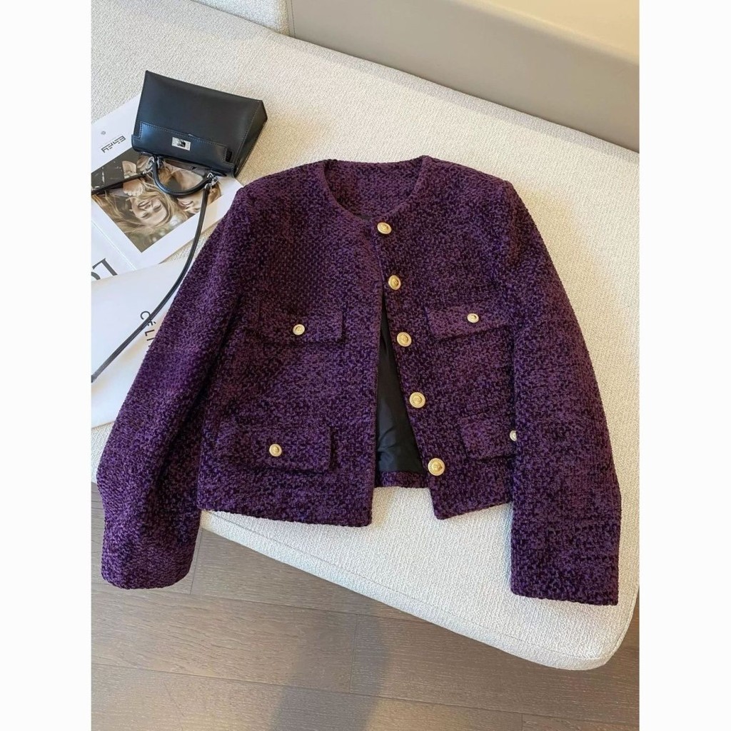 Jaket Gaya Prancis Wanita Kaya Ungu Gaya Chanel untuk Wanita Versi Korea Baru Atasan Pendek