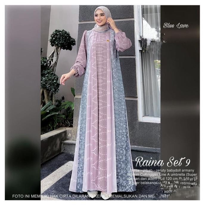 Baju Gamis Wanita Muslim Raina 9 Set Jilbab Dress Ceruti Motif Cantik Fashion Perempuan Dewasa Remaj