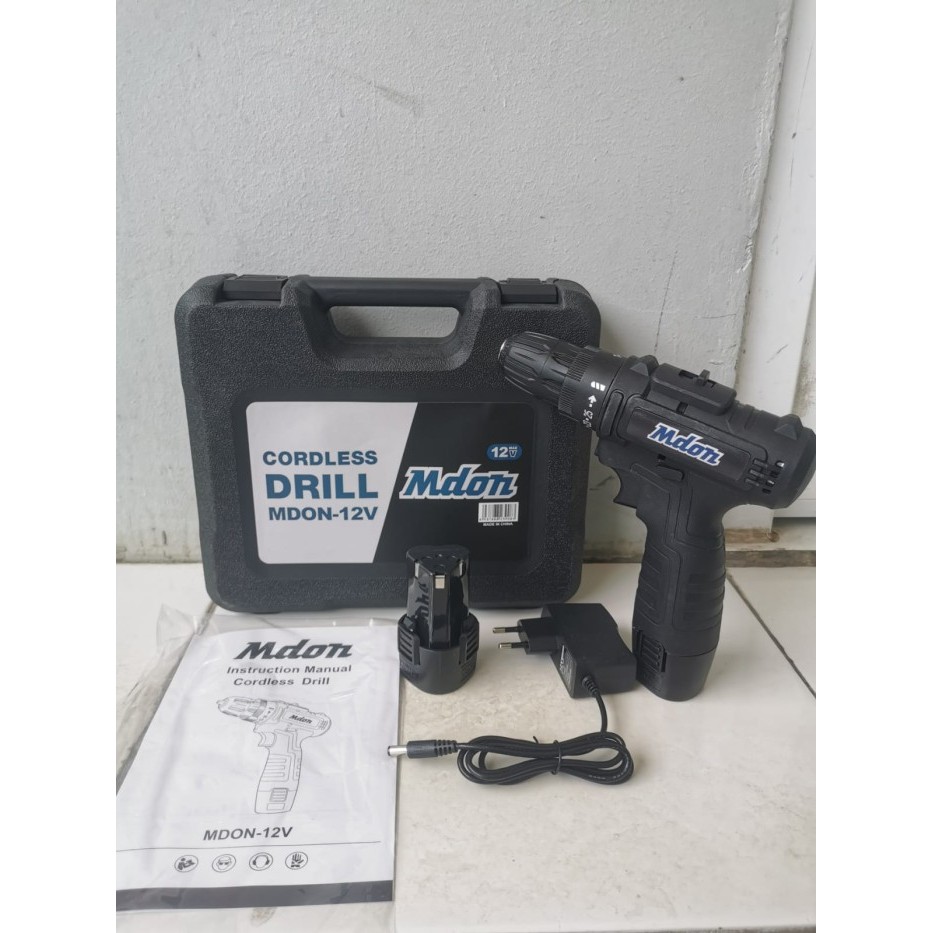 MDON BIRU 12V SET Bor Obeng Bor 2 Baterai 12 Volt Charger Cordless Drill Charging Kayu Besi