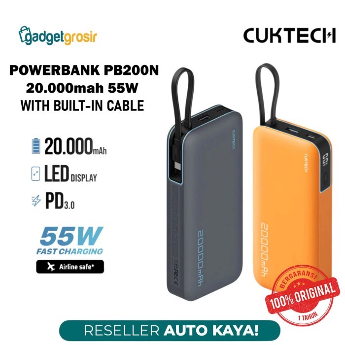 Cuktech Powerbank 20000mAh 55W Turbo Fast Charging PB200N With Built-in Cable Type C PD Digital