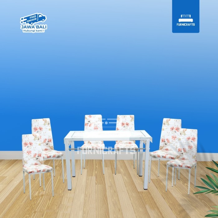 MEJA MAKAN SET METAL KACA + 6 KURSI FLORENCE DT PUTIH