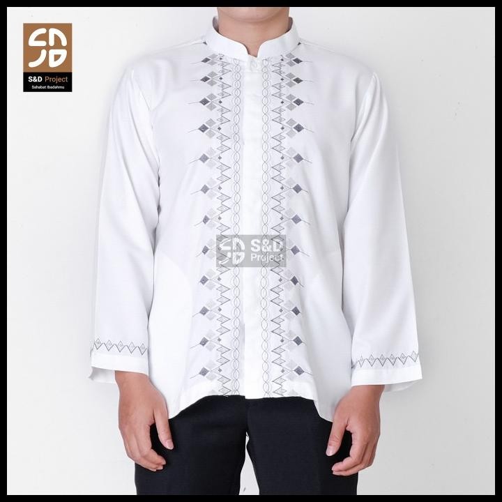 Promo Baju Koko Poli Katun Bordir Putih Lengan Panjang Dewasa - Putih Tulang Good Quality