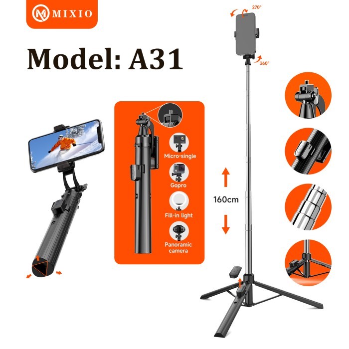 MIXIO A31 160CM Tongsis Bluetooth Selfie Stick Tripod