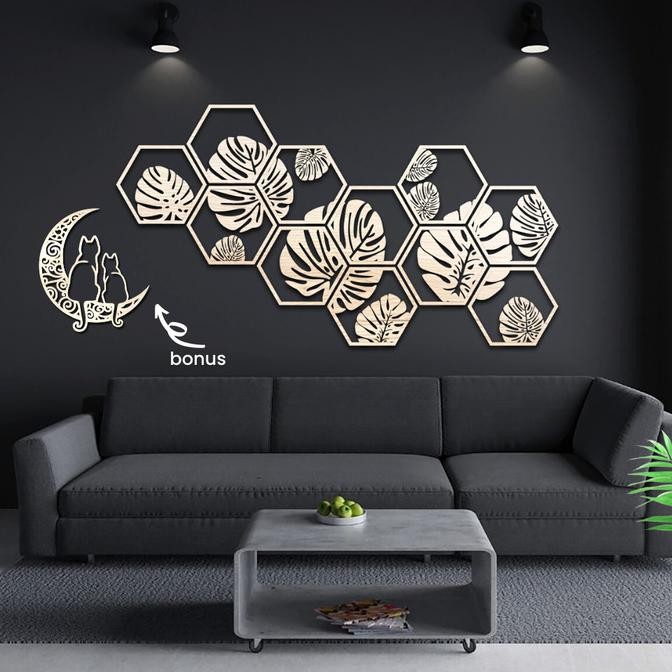 Dekorasi Dinding Kayu Classic Monstera Hexagonal 1.4M Hiasan Ruang
