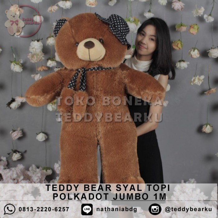 

TERMURAH! BONEKA BERUANG TEDDY BEAR TOPI SYAL POLKADOT JUMBO 1 METER