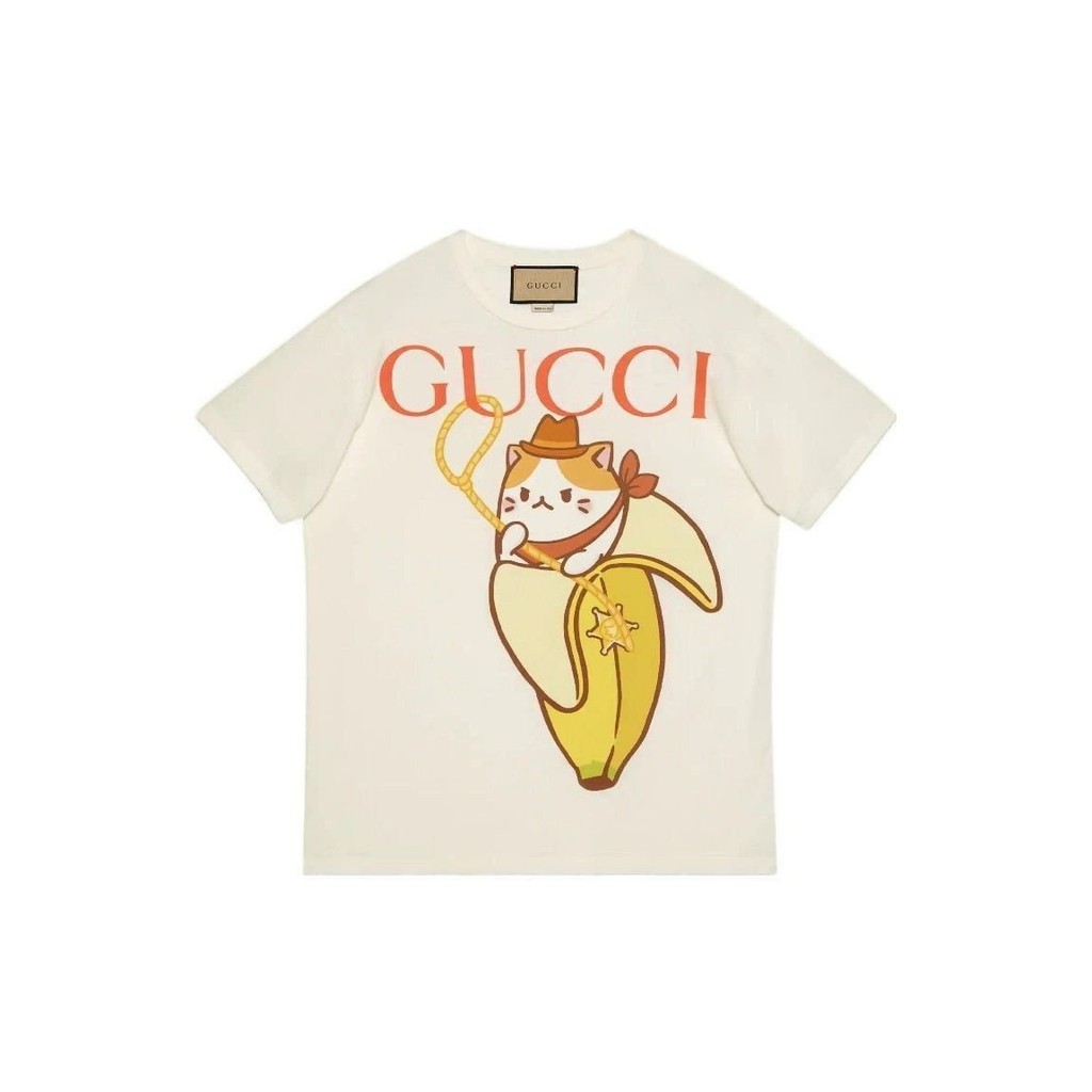 Gucci Kaus Katun Bercetak Kasual Pria Wanita, Atasan Pasangan Longgar Gaya Sama Lengan Pendek Semua 