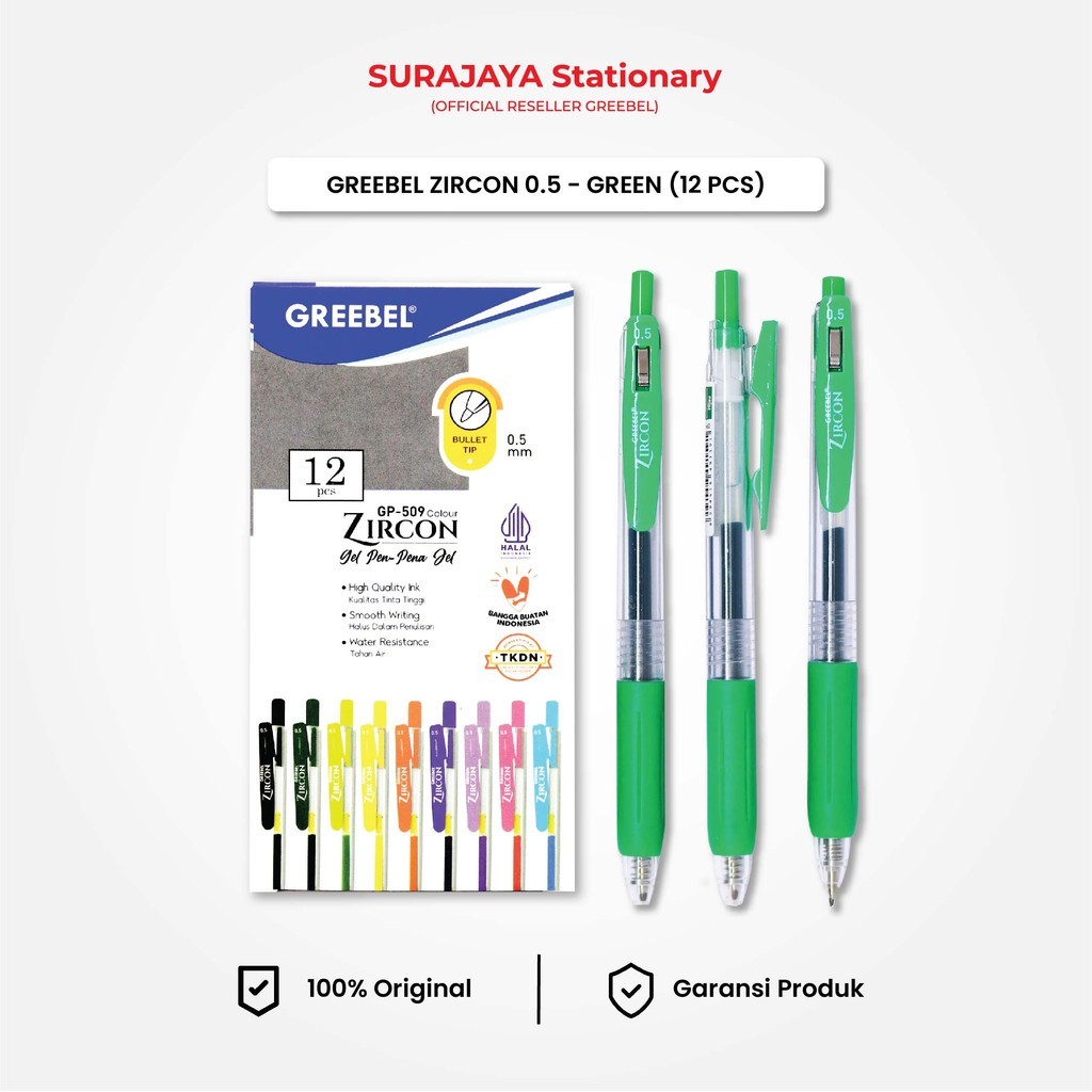 

GREEBEL PULPEN GEL / Gel Pen Zircon GP-509 0.5 Hijau (12PCS/SET) / Ballpen Gel Ballpoint Bolpen Bolpoin Pena Gel