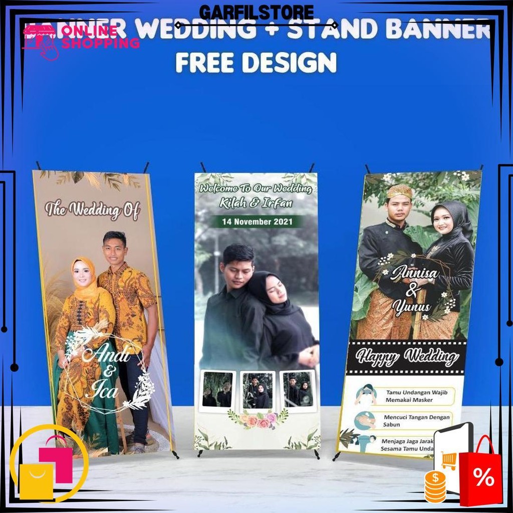 Banner Wedding / Spanduk Banner + Tiang / Stand Banner Acara Wedding / Pernikahan Engagement Khitan 