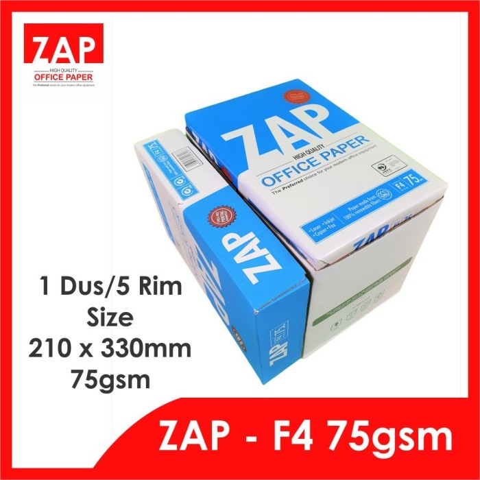 

Ready Kertas F4 HVS 75 Gram ZAP - 1 Dus/5 Rim/2.500 Lmbr - Print Faster