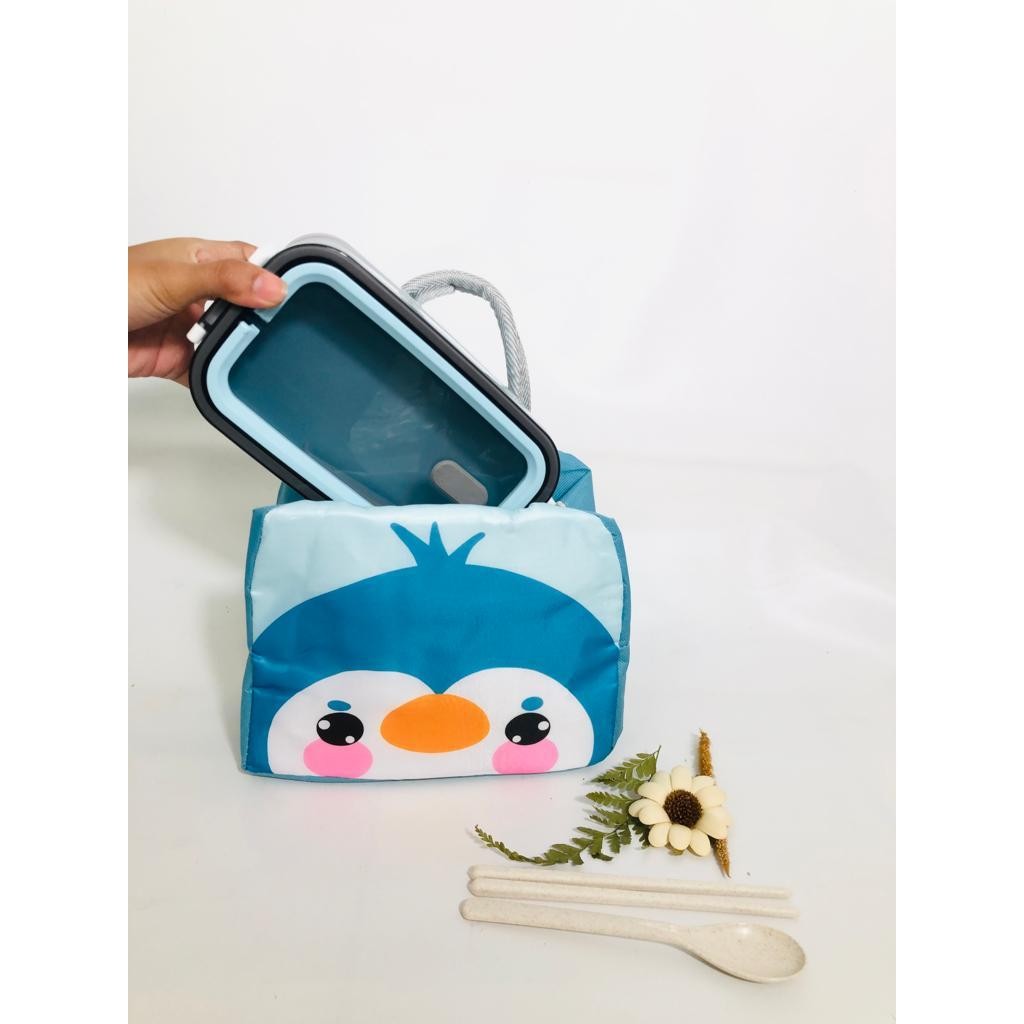 Kotak Makan 2 Tingkat Plastik Lunch Box Bento Set Free Tas Animal Sendok Sumpit