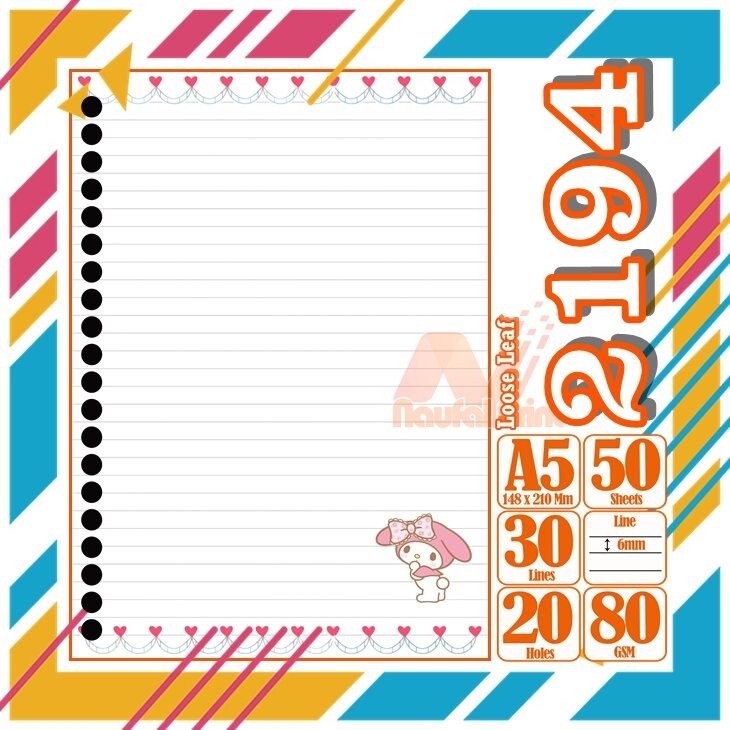 

Kertas Binder A5 Loose Leaf Polos putih Karakter Hello Kitty My Melody Cute Anime Lucu Love Pink Cewe Isi 50 Lembar Vol 15