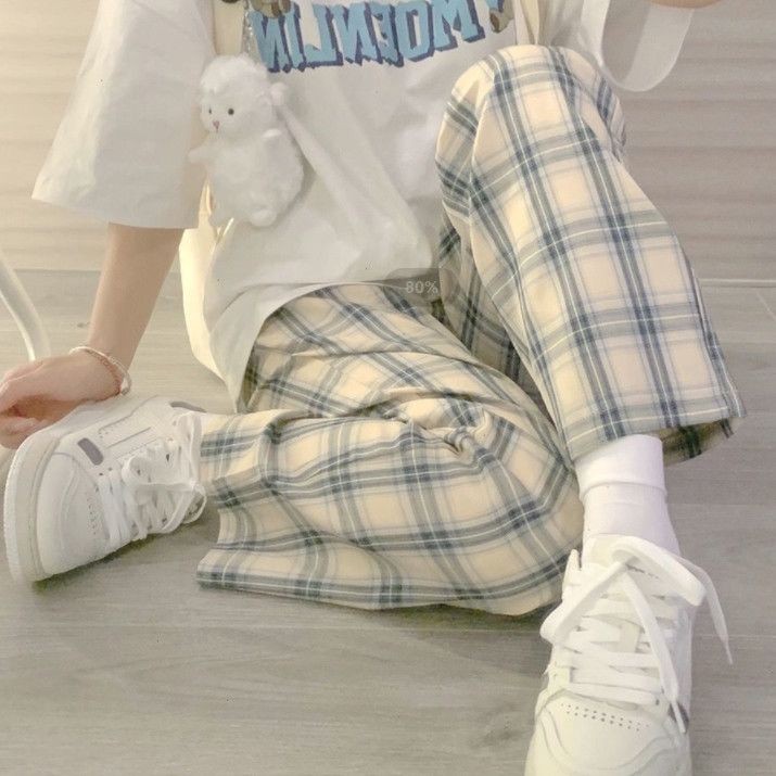 Musim Gugur Celana Kotak-kotak Longgar Pinggang Tinggi Celana Kasual Celana Pendek