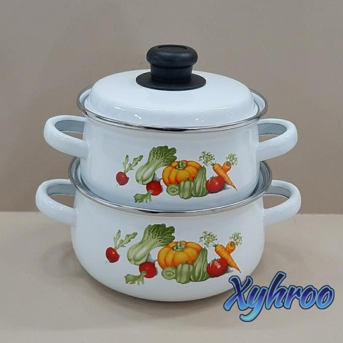 Premium Super Panci Enamel Set 16Cm 18Cm Motif Sayuran Vinaset Bisa Cod