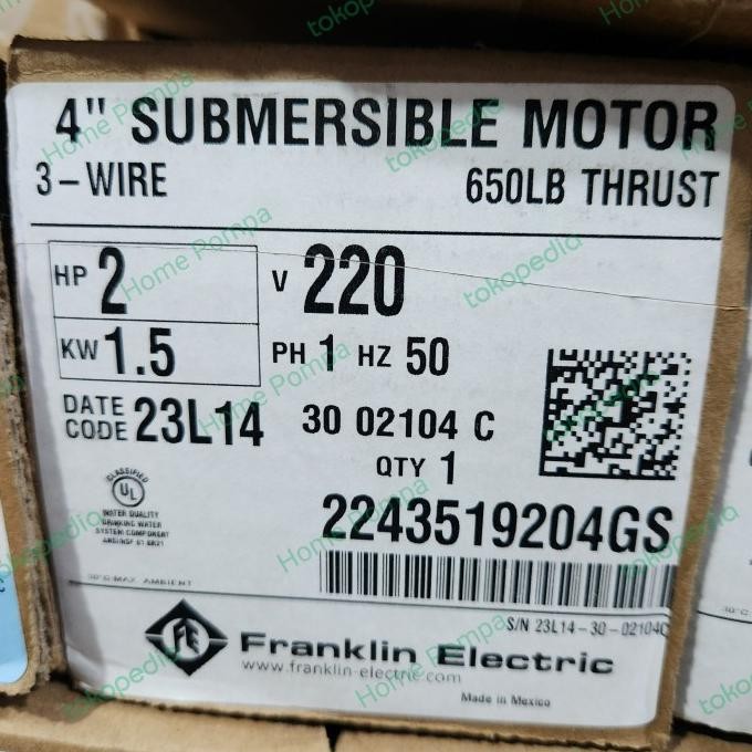 Dinamo Pompa Satelit Franklin 2Hp 1Phase 4" Submersible Motor Franklin