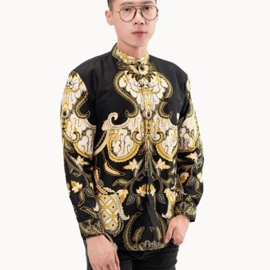 Kemeja Batik Kerah Shanghai Pria Lengan Panjang Kemeja Shanghai Hitam