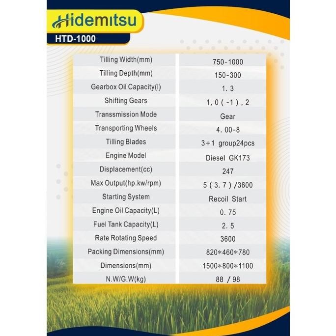 Traktor Diesel Hidemitsu Htd1000 Mesin Bajak Sawah Mini Tiller Murah