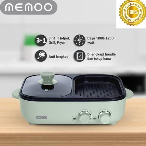 Panci Hotpot Grill Pryer 3 In 1 Multi Cooker Elektrik 1.5Liter - Hijau Original Bolabulatstore