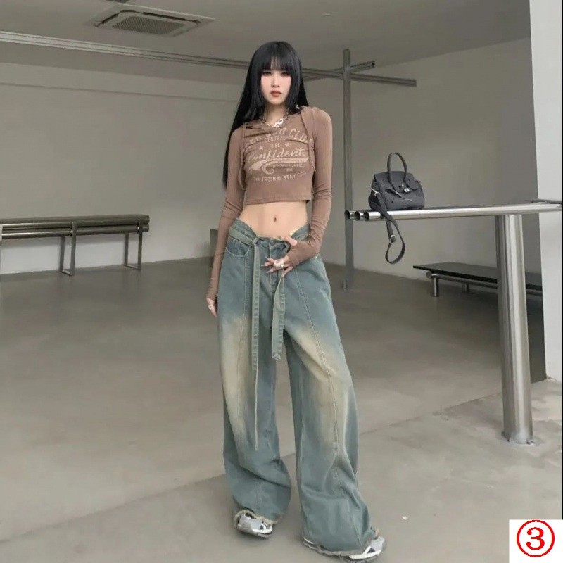Celana Jeans Pel Kaki Lebar High Street Vintage Amerika Celana Panjang Longgar Tirai Lurus Pinggang 