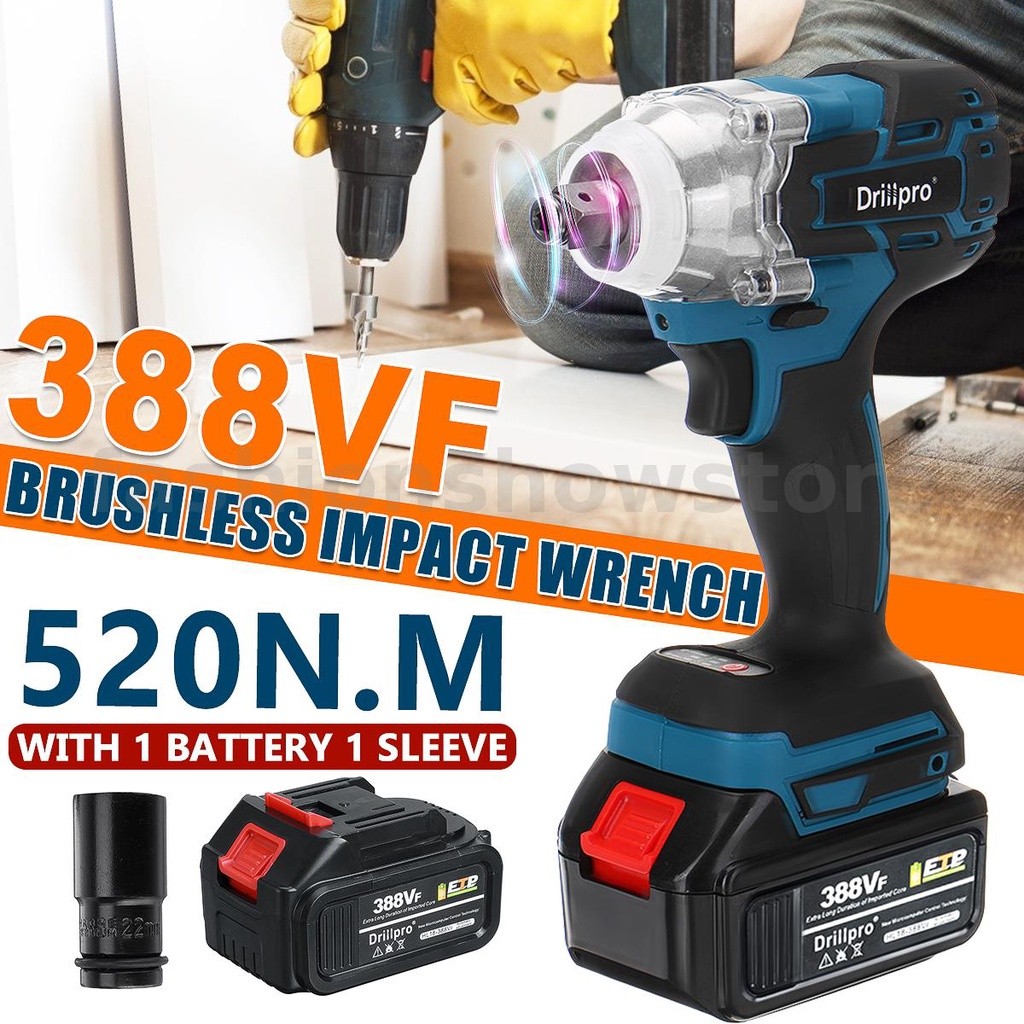Kunci Pas Elektrik Tanpa Kabel, Kunci Pas Impact Drillpro 520N.M 1/2 Inci, Kit Driver Bor Riveter de